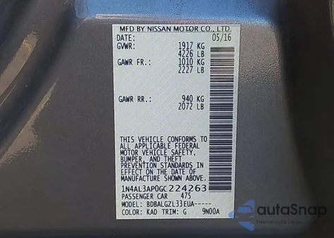 2016 Nissan Altima 2.5/2.5 S/2.5 Sl/2.5 Sr/2.5 Sv from USA, damaged, VIN 1N4AL3AP0GC224263